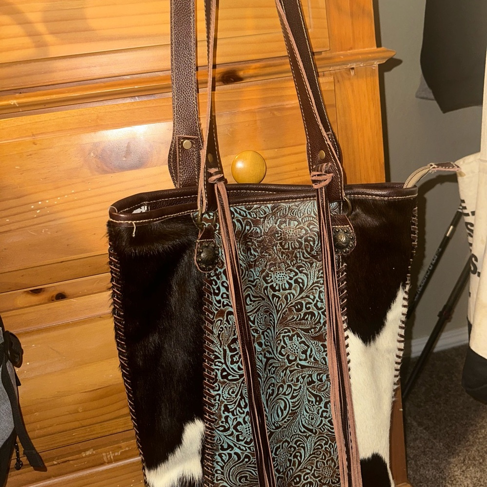 Brown Leather Tote with Textured Design